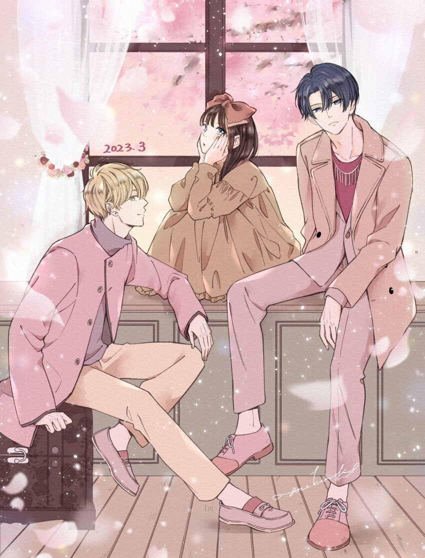 1girl 2boys alternate_hair_color aqua_eyes arm_support asato_masumi aza-koi blonde_hair blue_eyes blue_hair bow brown_coat brown_dress brown_hair buttons chest_(furniture) closed_mouth coat commentary_request curtained_hair curtains dark_blue_hair dated day dress ear_piercing earrings floral_print flower full_body green_eyes hair_between_eyes hair_bow hands_on_own_cheeks hands_on_own_face highres indoors jacket jewelry kurachi_yone light_particles loafers long_hair long_sleeves looking_at_viewer looking_to_the_side minato_kouichi moji_haruki multiple_boys pants parted_hair parted_lips partially_unbuttoned petals piercing pink_coat pink_flower pink_rose pink_shoes purple_jacket purple_pants purple_shirt red_bow red_shirt rose shirt shoes signature sitting spring_(season) stud_earrings unbuttoned window windowsill yellow_pants