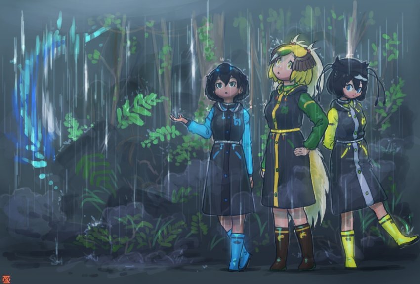 3girls adapted_costume black_coat black_hair blonde_hair blue_footwear blue_hair blue_sleeves boots bow brown_footwear brown_hair coat commentary_request drawstring greater_bird-of-paradise_(kemono_friends) green_hair green_sleeves hair_bow height_difference hood hood_down imnim_leef japari_symbol kemono_friends matching_outfits multicolored_coat multicolored_hair multiple_girls rain raincoat rubber_boots short_hair superb_bird-of-paradise_(kemono_friends) two-tone_coat two-tone_hair western_parotia_(kemono_friends) yellow_boots yellow_sleeves