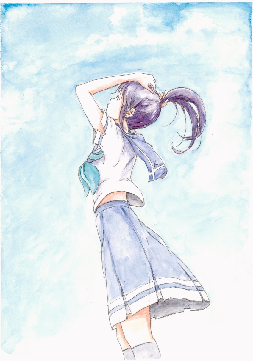 1girl absurdres adjusting_hair alternate_hairstyle bbmasa blue_sailor_collar blue_skirt cloud cloudy_sky commentary_request feet_out_of_frame green_neckerchief hibike!_euphonium high_ponytail highres holding holding_own_hair kitauji_high_school_uniform liz_to_aoi_tori long_hair looking_up neckerchief pleated_skirt ponytail purple_eyes purple_hair sailor_collar school_uniform shirt short_sleeves skirt sky solo standing summer_uniform traditional_media tying_hair white_shirt yoroizuka_mizore