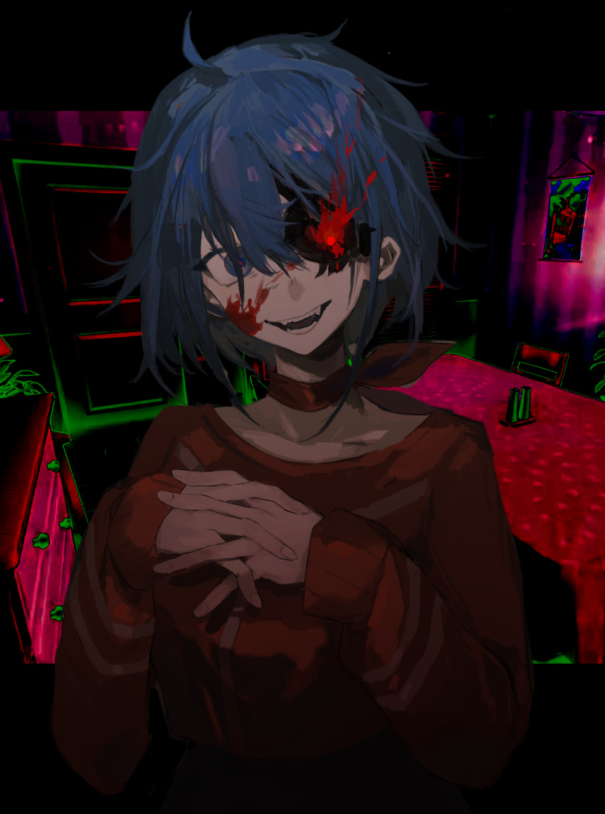 1girl absurdres ahoge black_border blood blood_on_face blue_eyes blue_hair border bow bow_choker chair chest_of_drawers choker collarbone crazy_eyes crazy_mita_(miside) crazy_smile cropped_shirt door fangs flaming_eye game_screenshot_background hair_between_eyes hair_ornament hairclip highres indoors interlocked_fingers inverted_colors kuma_(yoooooooo152) letterboxed long_sleeves looking_at_viewer messy_hair miside mita_(miside) open_mouth outside_border own_hands_together poster_(object) red_shirt salt_shaker screenshot_background shirt short_hair sleeves_past_wrists smile solo spoilers t-shirt table tablecloth upper_body