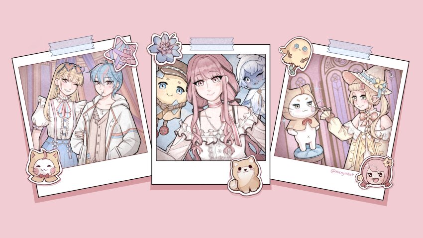 +_+ 4girls :3 ^_^ absurdres ahoge animal applying_another&#039;s_makeup arm_cutout bare_shoulders bead_necklace beads bebe_(infinity_nikki) black_bow black_ribbon blonde_hair blue-framed_eyewear blue_flower blue_hair blue_skirt blue_sky blunt_bangs blush_stickers border bow bow_choker bowtie bra_strap braid brooch brown_eyes brown_hat brown_vest buttons cabbie_hat candy cat center_frills choker clip_studio_paint_(medium) cloak closed_eyes closed_mouth clothed_animal clothing_cutout cloud collarbone collared_dress commentary cowboy_shot crescent crescent_earrings crescent_hat_ornament dada_(infinity_nikki) dog dress ear_covers ear_piercing earrings english_commentary expressionless eyelashes eyewear_on_head faewish_sprite floof_(infinity_nikki) flower flower_button food food_in_mouth forehead frilled_dress frilled_sleeves frills giroda_(infinity_nikki) glasses green_eyes grin hair_between_eyes hair_bow hair_half_over_shoulder hair_intakes hair_ribbon hair_rollers hands_in_pockets hands_on_own_hips happy hat hat_ornament heart heart_button high-waist_skirt highres holding holding_another&#039;s_arm holding_brush holding_makeup_brush hood hood_down hood_up hooded_cloak hooded_jacket indoors infinity_nikki jacket jewelry light_blush lipstick lollipop lollipop_in_mouth long_hair long_sleeves looking_at_another low_twintails magnet makeup makeup_brush making-of_available momo_(nikki) multicolored_hair multiple_girls navel necklace nikki_(nikki) nikki_(series) nxnjakat off-shoulder_jacket off_shoulder on_stool one_eye_closed open_clothes open_jacket open_mouth orange_bow orange_bowtie patch photo_(object) piecey piercing pink-tinted_eyewear pink_border pink_bow pink_bowtie pink_choker pink_hair pink_lips pom_pom_(clothes) puffy_long_sleeves puffy_short_sleeves puffy_sleeves raggy_the_piecey red_bow red_bowtie ribbon see-through_clothes see-through_sleeves selfie shadow shirt short_hair short_sleeves shoulder_cutout side_braid sidelocks single_sidelock single_stripe skirt sky sleeve_bow sleeveless sleeveless_dress smile snowflakes stained_glass standing star_(symbol) star_necklace streaked_hair striped_bow striped_bowtie striped_choker striped_clothes sunglasses suspender_skirt suspenders sweater_vest tape timis_(infinity_nikki) tinted_eyewear traditional_bowtie tress_ribbon triangle twintails twitter_username upper_body very_long_hair vest wavy_hair whimstar_(infinity_nikki) whiskers white_cat white_cloak white_dress white_jacket white_shirt witch_hat yarm_helmet yellow_cloak yellow_hat yellow_jacket