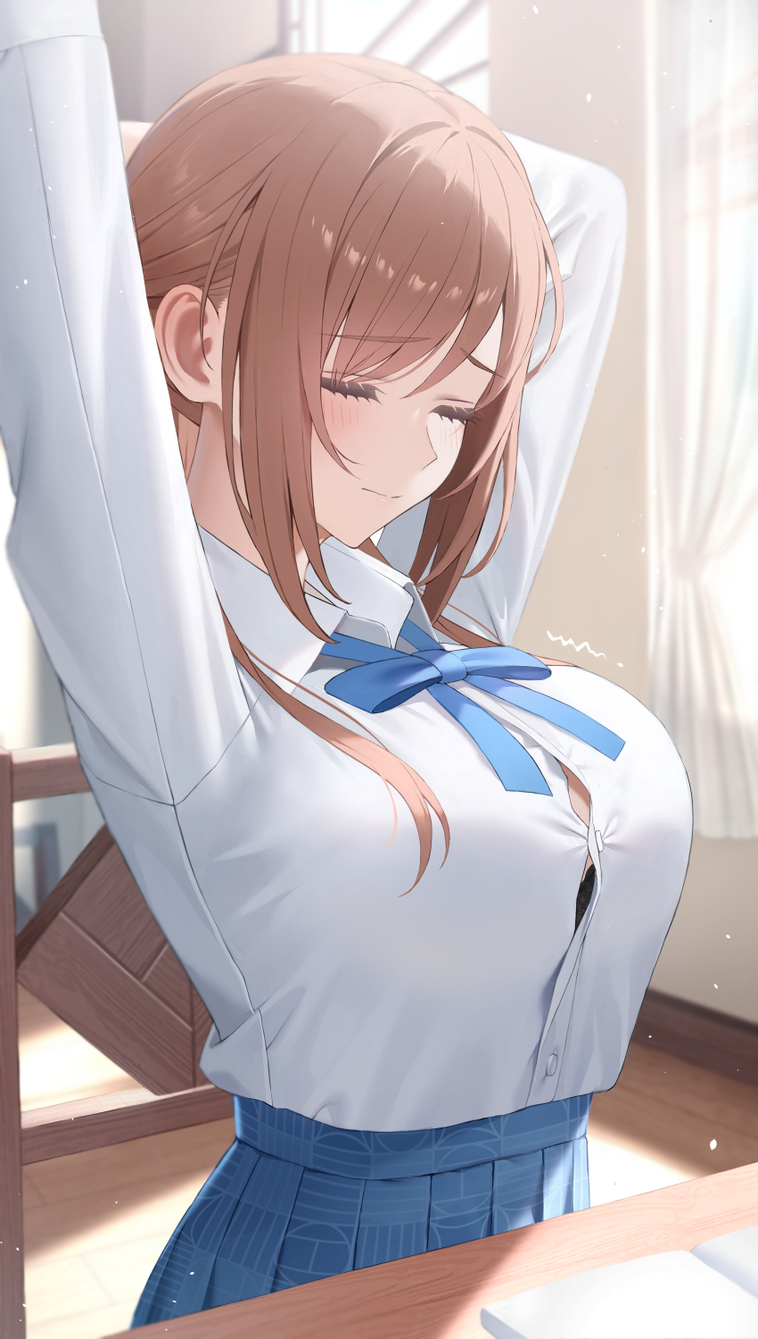 1girl absurdres arms_up black_bra blue_ribbon blue_skirt blush bra bra_peek breasts brown_hair button_gap closed_eyes commentary_request gakuen_idolmaster hatsuboshi_gakuen_school_uniform hibimaru highres himesaki_rinami idolmaster indoors large_breasts neck_ribbon on_chair pleated_skirt ribbon school_uniform shirt shirt_tucked_in sidelocks sitting skirt solo stretching underwear white_shirt