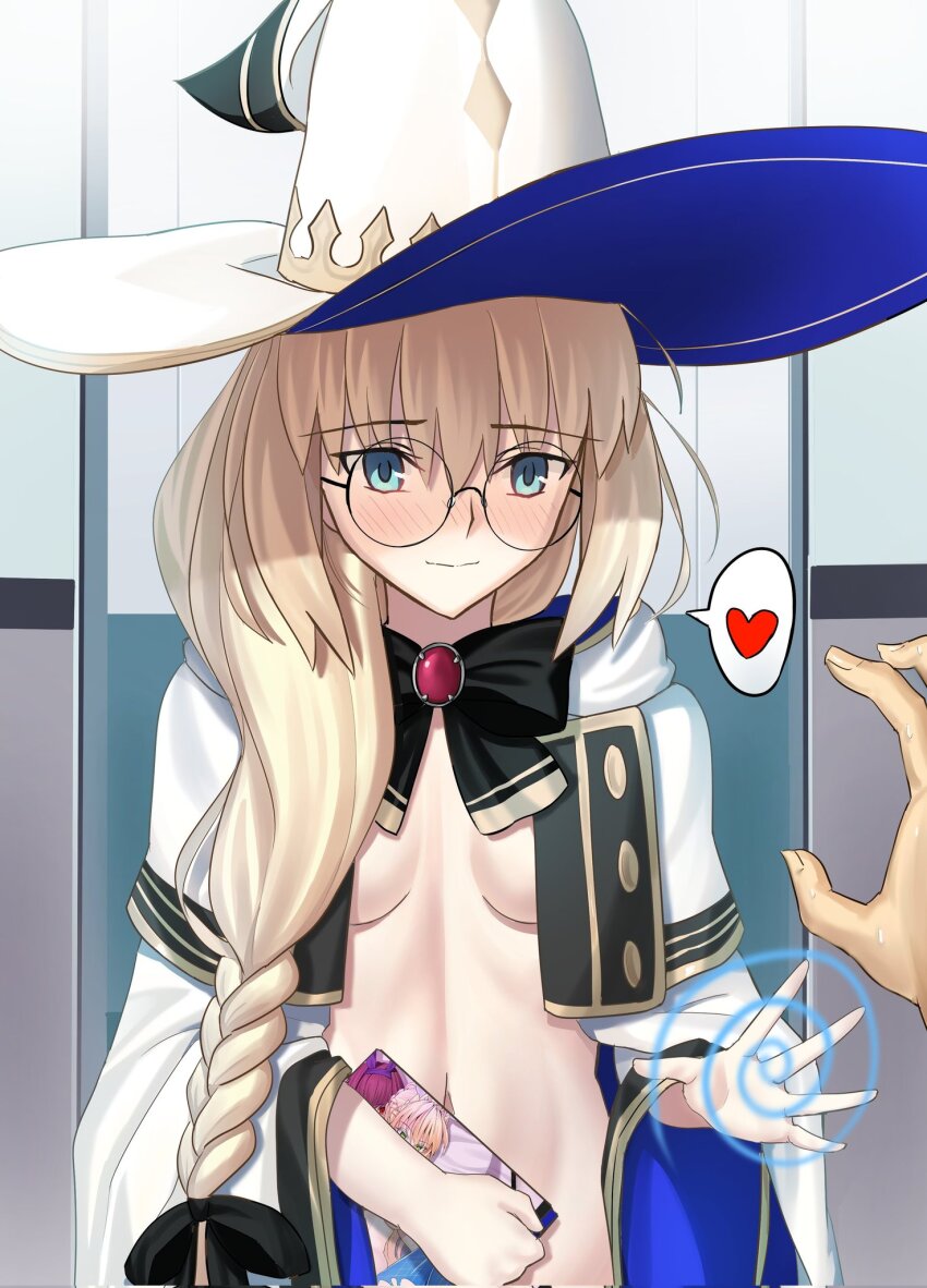1girl aesc_(fate) aesc_(rain_witch)_(fate) blonde_hair blue_eyes blush breasts cape cloak coat fate/grand_order fate_(series) hat heart highres long_hair longdq3008 magic_circle multicolored_cape multicolored_cloak naked_coat robe round_eyewear smile solo tagme two-sided_bow white_cloak white_robe wide_brim witch_hat