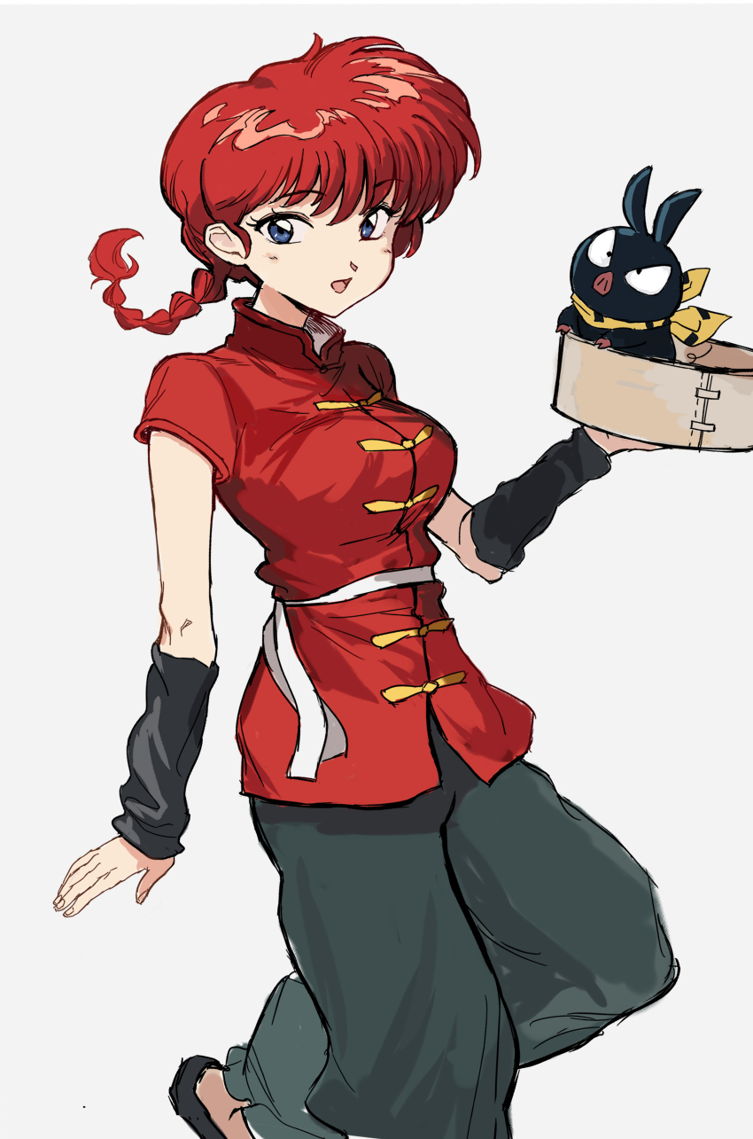 1girl absurdres arm_warmers bamboo_steamer black_pants blue_eyes braid braided_ponytail breasts chinese_clothes flats hair_between_eyes highres long_hair looking_at_viewer medium_breasts mou_(piooooon) open_mouth p-chan pants pig ranma-chan ranma_1/2 red_hair red_shirt shirt simple_background single_braid smile solo standing standing_on_one_leg tangzhuang unfinished white_background