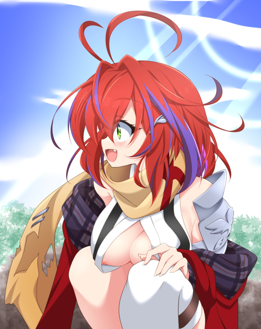 1girl :d accidental_exposure akane_canna akane_canna_(1st_costume) antenna_hair armor blue_sky blush breasts button_gap cloud commentary_request day fang feet_out_of_frame green_eyes hachi_(chihagura) hair_between_eyes hair_intakes hair_ornament highres hiyoku_no_crosspiece jacket jacket_partially_removed large_breasts long_bangs looking_afar looking_to_the_side messy_hair multicolored_hair nanashi_inc. nipple_slip nipples no_bra open_clothes open_mouth open_shirt outdoors pauldrons plaid_clothes plaid_jacket profile purple_hair red_hair red_jacket scarf shirt short_hair shoulder_armor single_pauldron single_thighhigh sky sleeveless sleeveless_shirt smile solo squatting streaked_hair sunlight suspenders thighhighs torn_clothes torn_scarf tree two-sided_fabric two-sided_jacket two-tone_hair virtual_youtuber white_shirt white_thighhighs wing_hair_ornament yellow_scarf