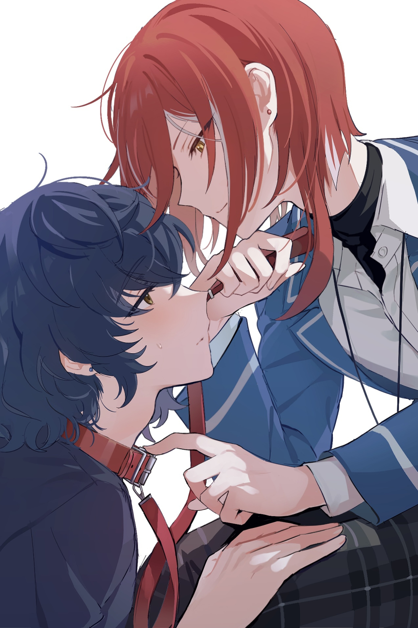 2boys adam&#039;s_apple animal_collar aoba_tsumugi bishounen choker close-up closed_mouth collar couple earrings ensemble_stars! half-closed_eyes hand_on_another&#039;s_leg highres holding holding_leash jacket jewelry kneeling leash light_blush looking_at_another looking_down male_focus medium_hair multiple_boys no_eyewear pants profile red_choker sakasaki_natsume school_uniform simple_background stud_earrings sweatdrop tsmkwa white_background yaoi yumenosaki_school_uniform
