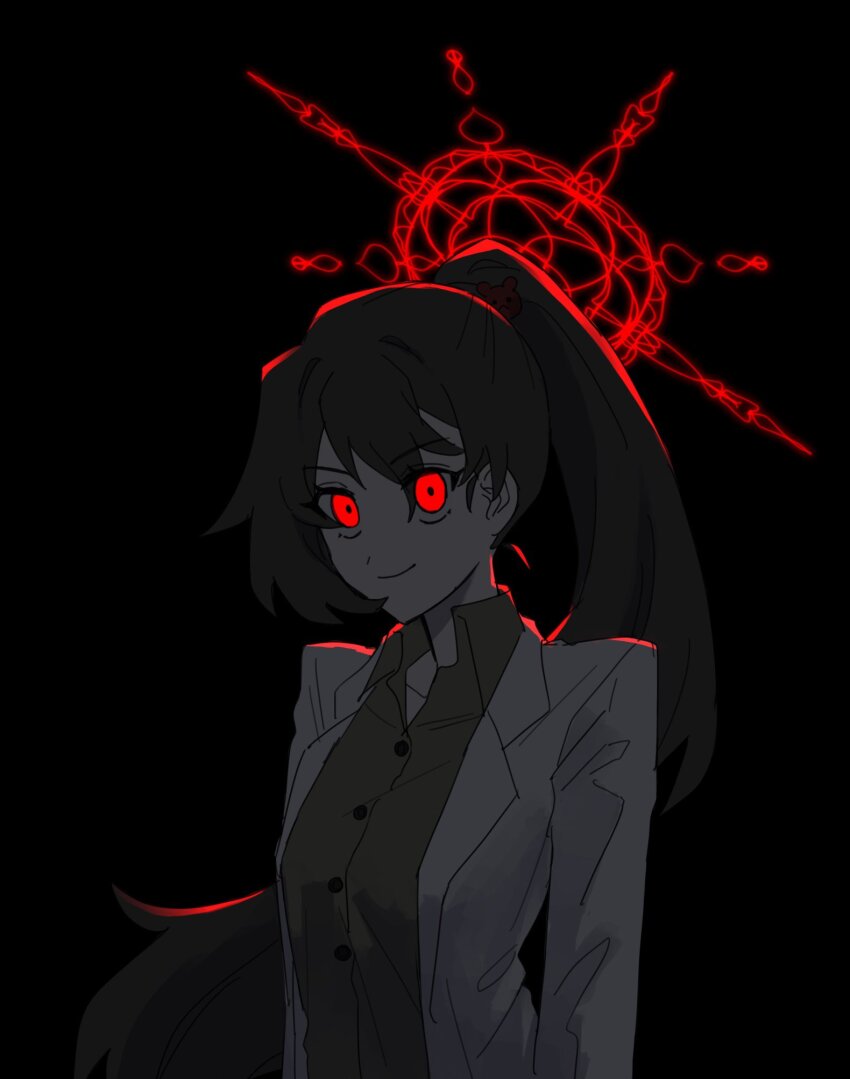 1girl backlighting blue_archive brown_hair buttons carmen_(project_moon) closed_mouth coat collared_shirt green_shirt halo high_ponytail highres kitaku_(ienikaeru) lab_coat lobotomy_corporation long_hair looking_at_viewer parody ponytail project_moon red_eyes red_halo shirt smile solo upper_body very_long_hair white_coat