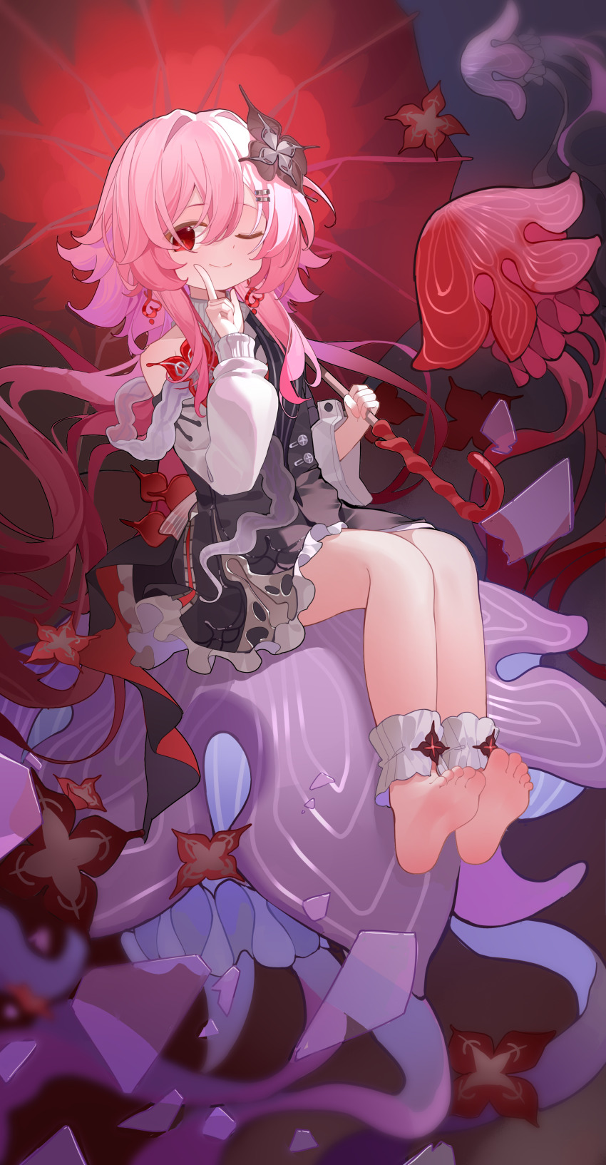 1girl absurdres ankle_cuffs barefoot black_dress dress earrings evernight_(honkai:_star_rail) feet finger_to_mouth foot_focus frills head_out_of_frame highres holding holding_umbrella honkai:_star_rail honkai_(series) index_finger_raised jewelry loli long_hair long_sleeves march_7th_(honkai:_star_rail) ningmeng_jing_jing_jing_jing pink_hair shushing sitting smile soles solo toes umbrella very_long_hair