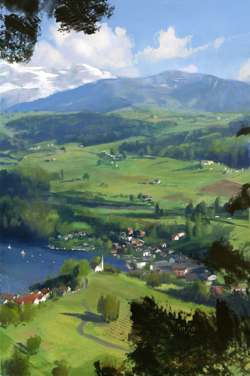 absurdres anoc blue_sky building cloud commentary_request day forest from_above highres mountain nature no_humans original outdoors scenery ship sky tree water watercraft