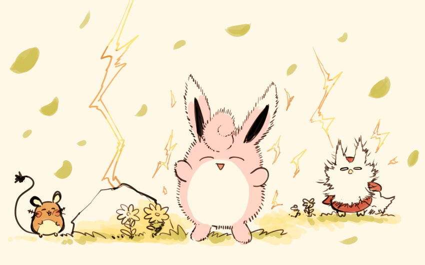 animal_focus commentary_request dedenne delibird electricity falling_leaves flower fluffy full_body gen_1_pokemon gen_2_pokemon gen_6_pokemon hanokage highres leaf nintendo no_humans open_mouth pokemon pokemon_(creature) rock static_electricity triangle_mouth wigglytuff