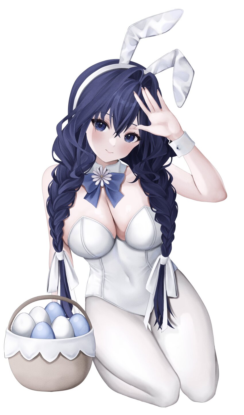 1girl absurdres alternate_costume animal_ear_hairband animal_ears arm_support bare_shoulders basket blue_bow blue_bowtie blue_eyes blue_hair blush bow bowtie braid breasts cleavage commentary covered_navel crossed_bangs detached_collar easter easter_egg egg fake_animal_ears fingernails full_body hair_intakes hairband highres hololive hololive_english large_breasts leotard long_hair looking_at_viewer low_twin_braids official_alternate_hairstyle open_hand ouro_kronii pantyhose rabbit_ear_hairband rabbit_ears seiza simple_background sitting smile solo strapless strapless_leotard sui1k0 twin_braids virtual_youtuber white_background white_leotard white_pantyhose white_wrist_cuffs wrist_cuffs