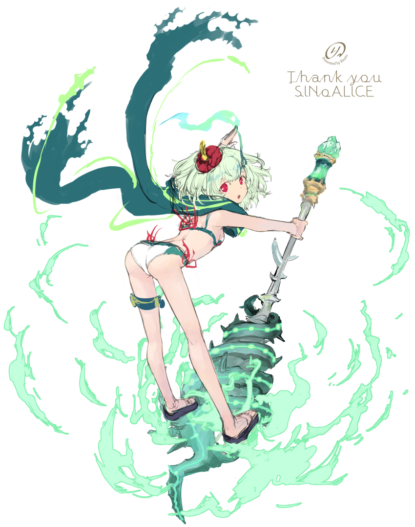 1girl :d ass bikini breasts copyright_name full_body green_hair green_scarf hair_ornament highres holding holding_mace holding_weapon kneepits little_match_girl_(sinoalice) looking_at_viewer mace open_mouth red_eyes rixxtux sandals scarf short_hair sinoalice small_breasts smile solo swimsuit thigh_strap weapon white_bikini
