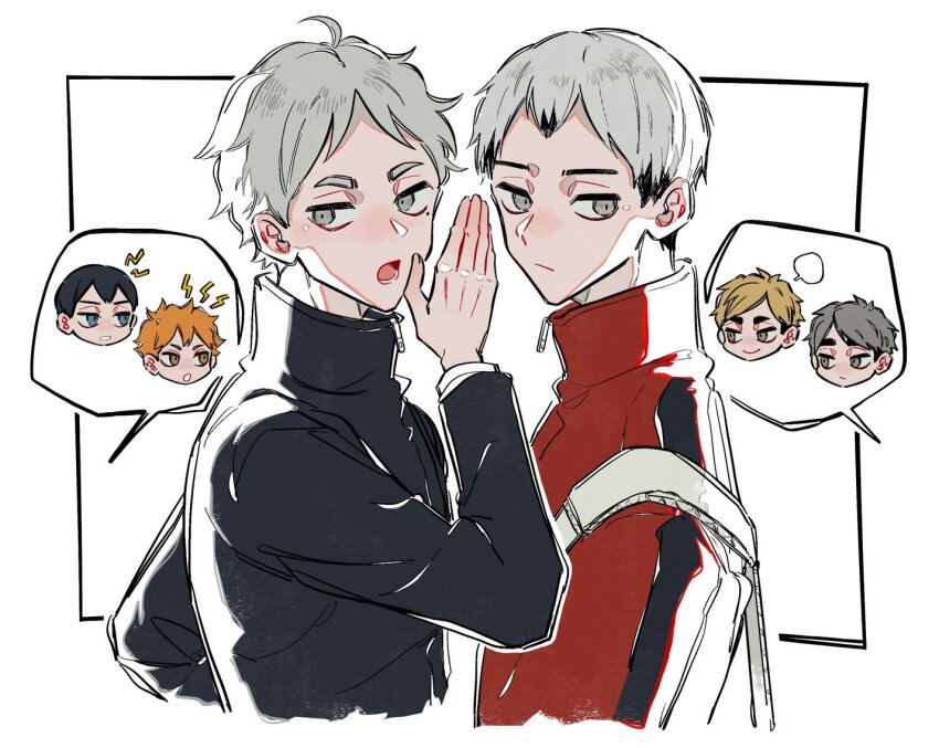 6+boys :/ arm_up bag black_hair black_jacket blonde_hair blue_eyes brothers closed_mouth coco_(238243) colored_tips commentary double-parted_bangs frown grey_eyes grey_hair haikyuu!! high_collar hinata_shouyou image_in_speech_bubble jacket jitome kageyama_tobio kita_shinsuke layered_sleeves long_sleeves looking_to_the_side lower_teeth_only male_focus miya_atsumu miya_osamu mole mole_under_eye multicolored_hair multicolored_jacket multiple_boys open_mouth orange_eyes orange_hair out_of_frame parted_bangs parted_hair popped_collar shoulder_bag siblings sideburns sideways_glance smile sugawara_koushi symbol-only_commentary teeth tongue twins two-tone_hair white_hair zipper zipper_pull_tab