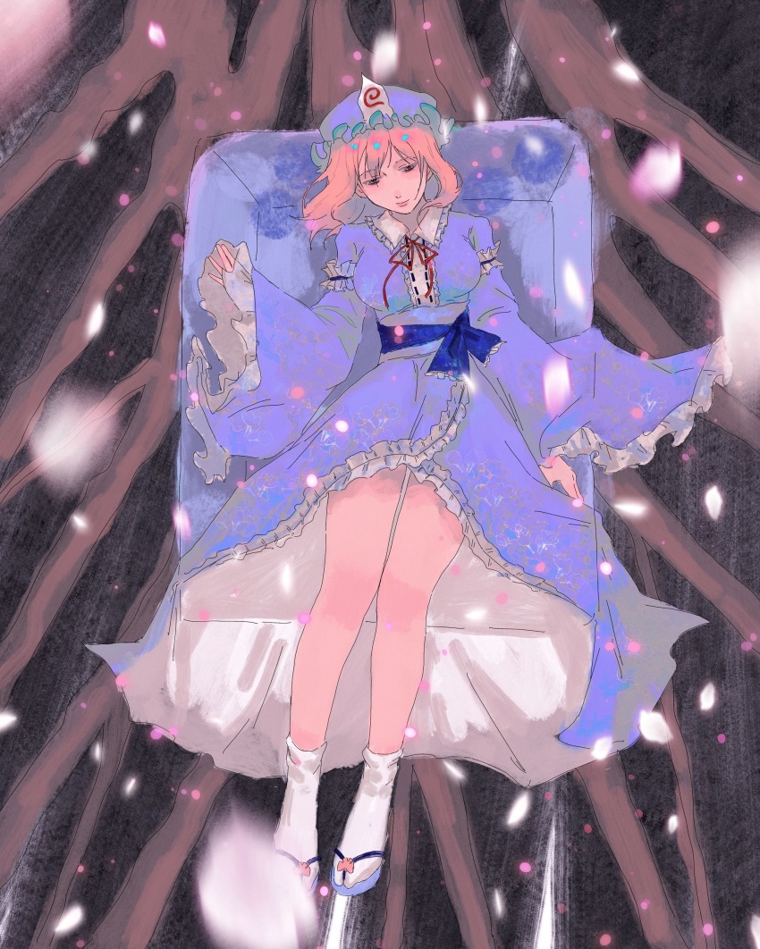 1girl absurdres blue_dress blue_hat blue_sandals blue_sash breasts center_frills chinese_commentary closed_mouth collared_shirt commentary_request dress frilled_dress frilled_shirt_collar frilled_sleeves frills full_body hat highres large_breasts long_sleeves medium_hair mob_cap moxianyelegeyu neck_ribbon obi petals pink_hair red_ribbon ribbon saigyou_ayakashi saigyouji_yuyuko sandals sash shirt sleeves_past_wrists socks solo touhou triangular_headpiece white_socks wide_sleeves