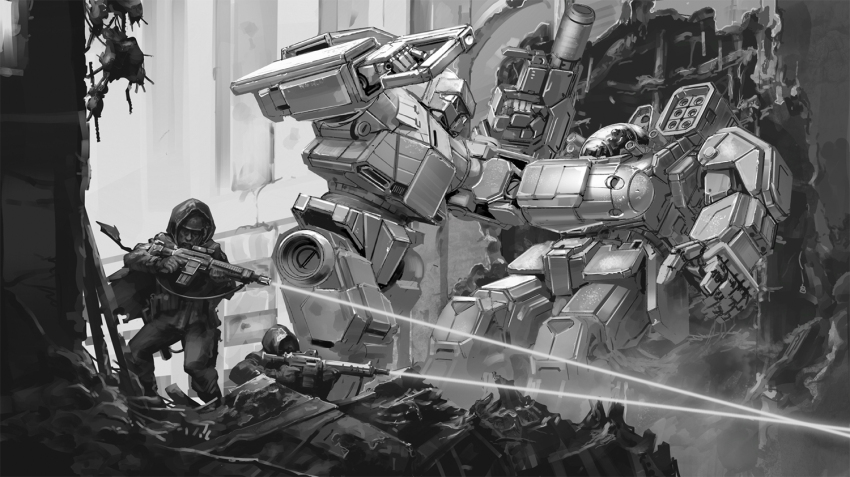 battle battlemaster_(battletech) battletech cape charger_(battletech) commentary debris eldoniousrex english_commentary firing gun hood laser mecha military monochrome rifle robot rocket_launcher soldier war weapon
