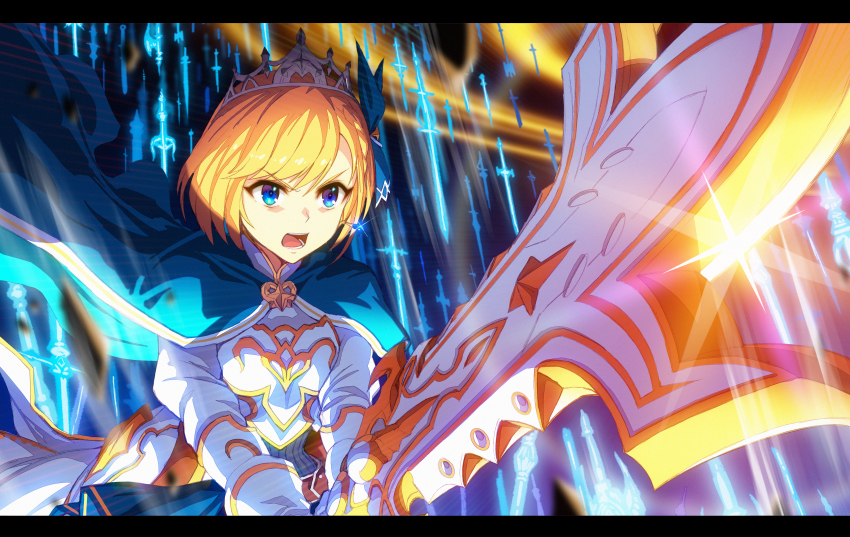 absurdres armor arthur_(monster_strike) bad_id bad_pixiv_id belt blonde_hair blue_eyes blurry breastplate cape diffraction_spikes earrings excalibur_(mythology) floating floating_object floating_weapon gibagiba glint gloves green_cape highres holding holding_sword holding_weapon huge_filesize jewelry letterboxed monster_strike multiple_swords open_mouth planted planted_sword planted_weapon short_hair single_earring sunrise_stance sword teeth tiara tongue weapon white_gloves