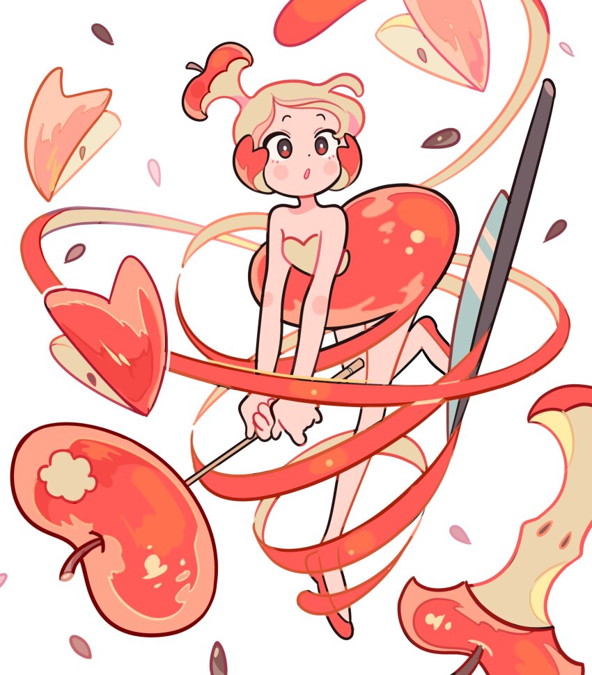 1girl :o abstract absurdres apple apple_core apple_peel ballet blonde_hair blush_stickers distortion dolman_(dm) dot_nose dress facing_to_the_side food fruit full_body highres holding holding_pole leaning_forward leg_up original peeling personification pole raised_eyebrows apple red_eyes red_footwear red_ribbon ribbon seed slip-on_shoes tutu two-handed