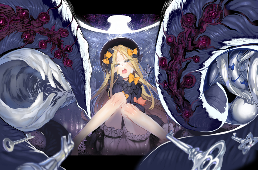 1girl abigail_williams_(fate) black_bow black_hat blonde_hair blue_eyes blush bow char commentary_request dress fate/grand_order fate_(series) female_focus hair_bow half-closed_eyes hat highres long_hair long_sleeves looking_at_viewer multiple_hair_bows open_mouth orange_bow parted_bangs polka_dot polka_dot_bow sitting sleeves_past_fingers sleeves_past_wrists solo stuffed_animal stuffed_toy teddy_bear teeth tentacles upper_teeth_only very_long_hair