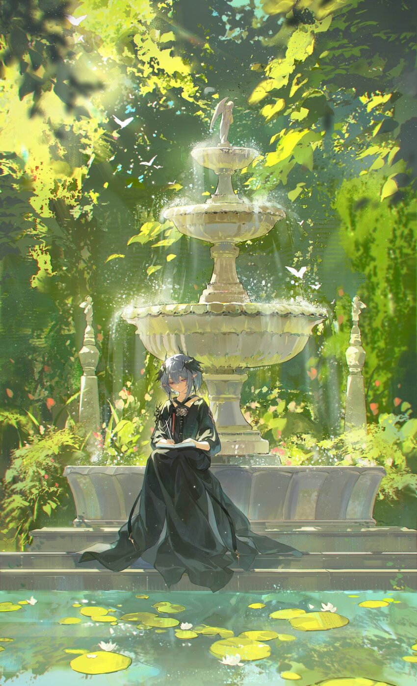 1boy arknights black_jacket black_robe book bug butterfly closed_mouth commentary english_commentary fountain grey_hair head_wings highres horns insect jacket lily_pad logos_(arknights) logos_(young)_(arknights) male_focus pen pointy_ears robe sitting smusmuye statue tree white_butterfly wings writing