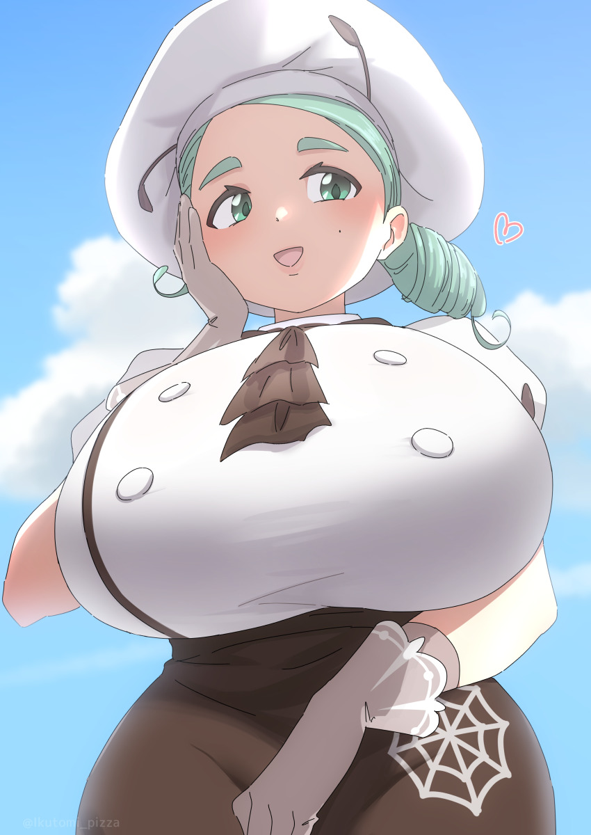 1girl absurdres aqua_eyes aqua_hair ascot beret breasts brown_skirt chef from_below gloves gym_leader hand_on_own_cheek hand_on_own_face hat heart highres huge_breasts ikutomipizza katy_(pokemon) mature_female mole mole_on_cheek mole_under_eye nintendo pokemon pokemon_sv skirt twitter_username