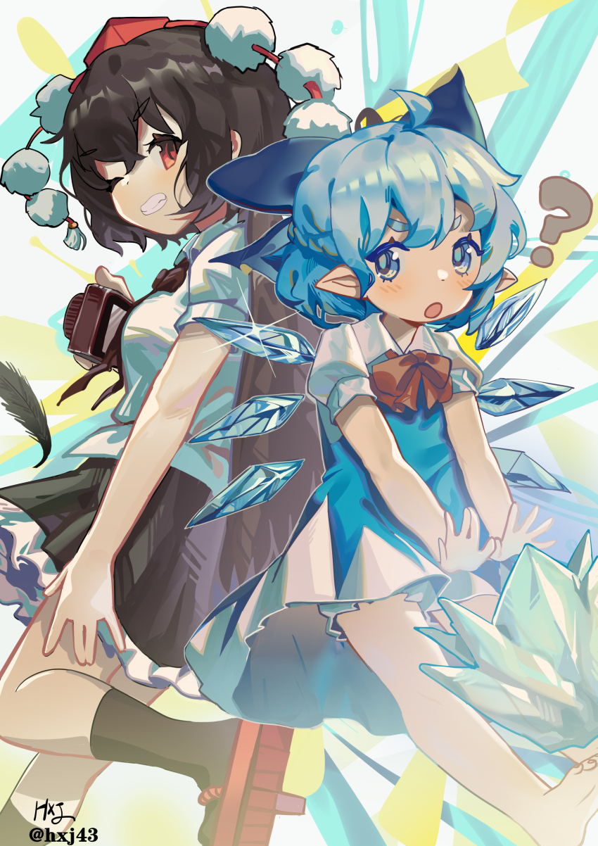 2girls ? absurdres ahoge barefoot black_skin black_socks blue_bow blue_dress blue_eyes bow bowtie camera cirno colored_skin commentary_request detached_wings dress frilled_skirt frills geta hair_bow hat highres holding holding_camera hxj_(2324184595) ice ice_wings looking_at_viewer multicolored_background multiple_girls one_eye_closed open_mouth pointy_ears pom_pom_(clothes) red_bow red_bowtie red_eyes red_footwear red_headwear shameimaru_aya shirt short_sleeves skirt socks tengu-geta tokin_hat touhou white_shirt wings