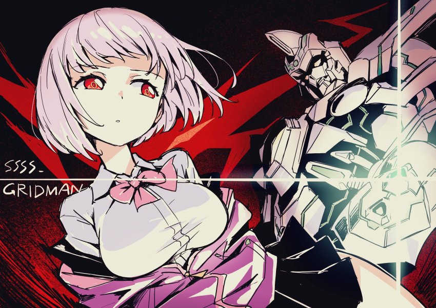 1girl bow breasts collared_shirt glowing gridman_(ssss) gridman_universe highres jacket looking_at_viewer looking_down looking_to_the_side mecha medium_breasts off_shoulder orange_eyes purple_bow purple_hair purple_jacket red_eyes robot shinjou_akane shirt short_hair simonori ssss.gridman white_shirt