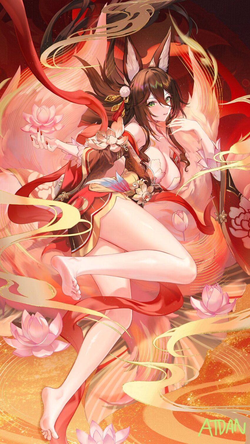 animal_ears atdan bad_tag barefoot bent_knee_(knees) brown_hair dress female fingernails floral_print flower flower_(flowers) fox_ears fox_girl fox_tail fugue_(honkai:_star_rail) full_body green_eyes hair_between_eyes hair_ornament highres honkai:_star_rail honkai_(series) light_erotic long_hair long_image looking_at_viewer lotus multiple_tails nail_polish red_nail_polish signed single soles tail tall_image tassel tingyun_(honkai:_star_rail) toes wide_sleeves
