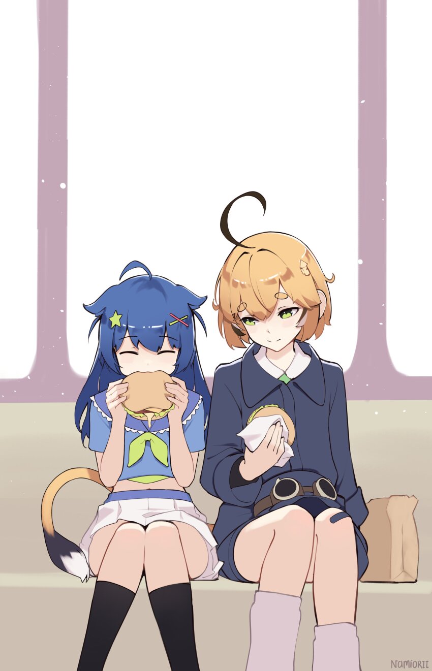 2girls absurdres ahoge artist_name bag black_socks blonde_hair blue_hair blue_hat blue_jacket blue_serafuku blue_shorts cheese closed_eyes closed_mouth commentary dooby_(vtuber) eating english_commentary food green_eyes green_neckerchief hair_ornament hairclip hat highres holding holding_food holding_sandwich indie_virtual_youtuber jacket jerboa_tail knees_together_feet_apart lettuce light_particles long_hair long_sleeves looking_at_another midriff_peek multiple_girls namiorii neckerchief paper_bag sandwich sandwiched school_uniform senzawa serafuku shirt short_sleeves shorts sitting skirt smile socks star_(symbol) star_hair_ornament stomach thighs train_interior virtual_youtuber white_shirt white_skirt white_socks x_hair_ornament yellow_tail
