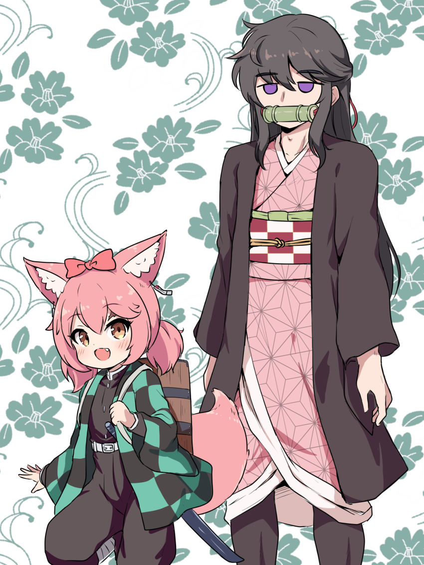 1boy 1girl :d animal_ear_fluff animal_ears bamboo bit_gag black_hair black_jacket black_pants black_pantyhose blush bow brown_eyes checkered_sash commentary_request cosplay fang floral_background fox_ears fox_girl fox_tail gag hair_between_eyes hair_bow height_difference highres jacket japanese_clothes jitome kamado_nezuko kamado_nezuko_(cosplay) kamado_tanjirou kamado_tanjirou_(cosplay) kimetsu_no_yaiba kimono long_hair long_sleeves looking_at_viewer low_twintails maplestory moonbeam_(maplestory) mouth_hold nekono_rin obi open_clothes open_mouth pants pantyhose pink_kimono purple_eyes red_bow sash shade_(maplestory) short_twintails simple_background smile tail twintails very_long_hair white_background wide_sleeves
