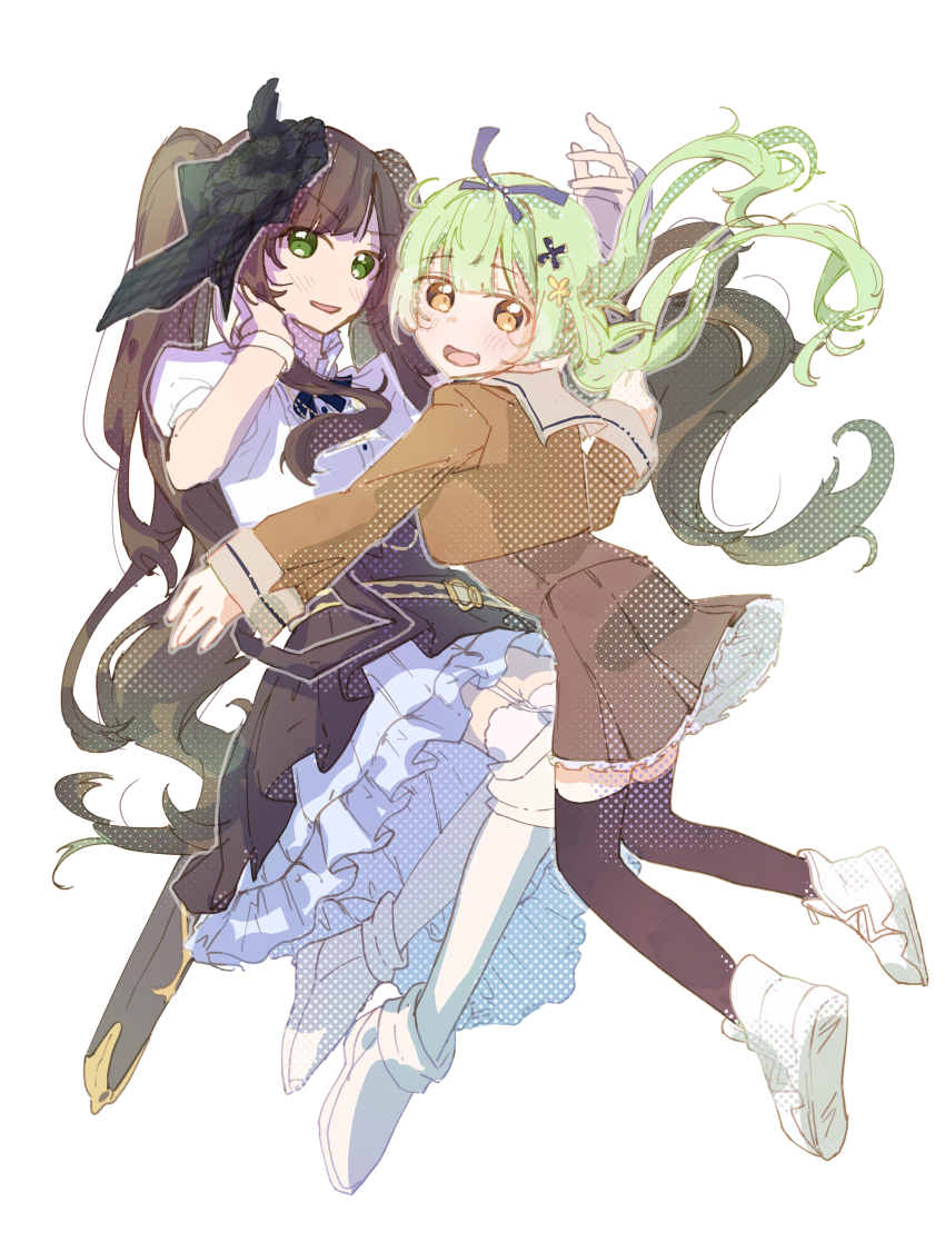 2girls absurdres arm_up armored_boots assault_lily belt belt_buckle black_flower black_rose black_skirt black_thighhighs blue_ribbon blunt_bangs blush boots brown_hair brown_skirt buckle buttons cropped_jacket floating_hair flower frilled_skirt frills full_body garter_straps green_eyes green_hair hair_flower hair_ornament hair_ribbon halftone hand_on_own_cheek hand_on_own_face hands_up high-waist_skirt high_tops highres jiropi kamigoori_marimo long_hair long_sleeves looking_at_viewer looking_to_the_side low_twintails midair miniskirt multiple_girls neck_ribbon open_mouth outstretched_arm parted_lips pleated_skirt puffy_short_sleeves puffy_sleeves purple_ribbon ribbon rose scabbard school_uniform sheath shirt shoe_soles shoes short_sleeves simple_background skirt sneakers thigh_boots thighhighs thighhighs_under_boots twintails ueda_imari v-shaped_eyebrows very_long_hair white_background white_footwear white_shirt white_thighhighs wristband yellow_belt yellow_eyes yellow_flower
