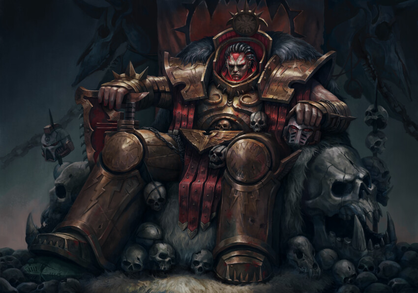 1boy absurdres angron armor armored_boots axe banner boots breastplate cable cape chain chain_axe chaos_(warhammer) facial_tattoo fang full_armor fur_cape fur_trim gauntlets gold_armor gorefather greaves grey_fur head_tattoo helm helmet highres holding holding_axe holding_weapon horns kheljay lost_primarchs male_focus ornate_armor pauldrons power_armor primarch scar scar_on_arm scar_on_face shaded_face shoulder_armor sitting skull solo spiked_armor spiked_gauntlets tattoo throne tube vambraces warhammer_40k weapon