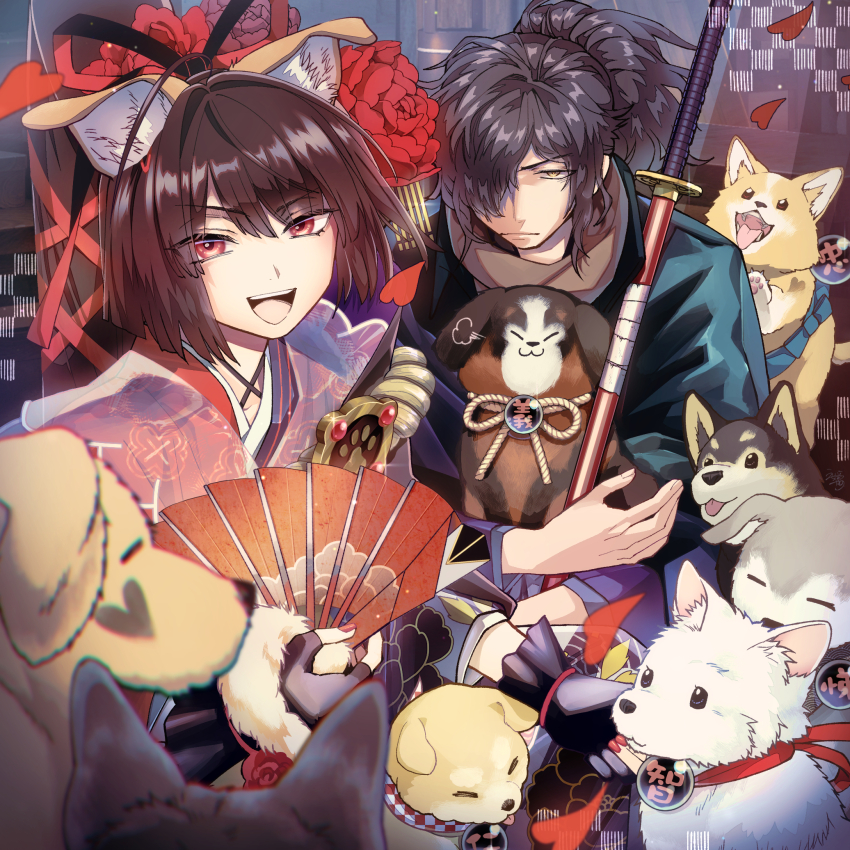 1boy 1girl :d animal_ear_fluff animal_ears black_hair brown_hair commentary_request dog falling_petals fate/grand_order fate_(series) folding_fan gloves hair_over_one_eye hand_fan highres japanese_clothes kimono kyokutei_bakin_(fate) looking_at_another looking_at_viewer multiple_dogs okada_izou_(fate) open_mouth partially_fingerless_gloves petals ponytail pout puff_of_air red_eyes red_kimono red_nails scabbard sheath smile sword teeth uchiwara_kano upper_teeth_only weapon yellow_eyes