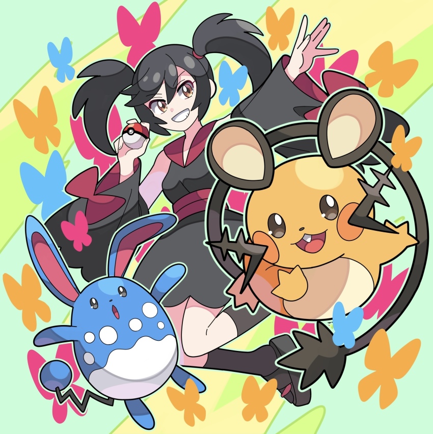 1girl azumarill bare_shoulders black_hair brown_eyes commentary_request dedenne detached_sleeves eyelashes furisode furisode_girl_(pokemon) furisode_girl_kali gen_2_pokemon gen_6_pokemon grin hair_between_eyes highres holding holding_poke_ball japanese_clothes kimono nintendo outstretched_arm poke_ball poke_ball_(basic) pokemon pokemon_(creature) pokemon_xy sandals smile socks sutokame teeth twintails zouri