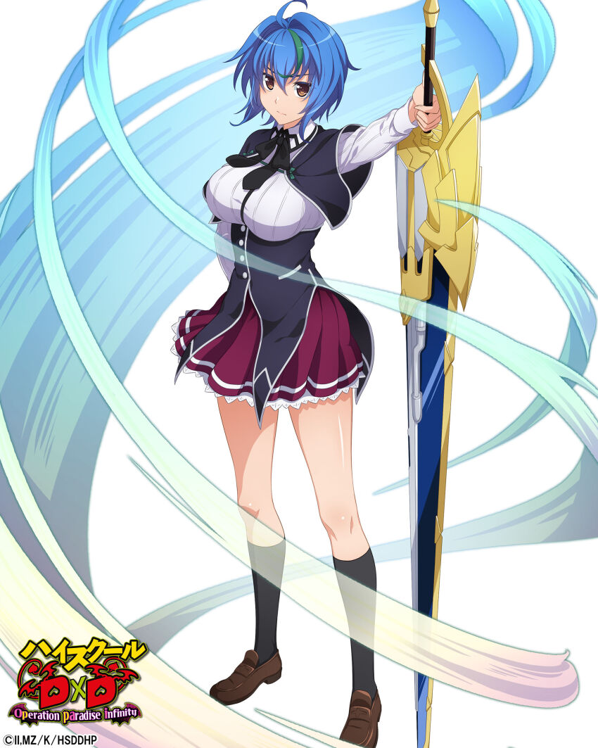 1girl absurdres ahoge black_jacket black_socks black_thighhighs blue_hair breasts brown_eyes brown_shoes copyright_name female_focus full_body green_eyes high_school_dxd high_school_dxd_hero high_school_dxd_operation_paradise_infinity highres holding holding_sword holding_weapon jacket kuoh_academy_school_uniform large_breasts multicolored_hair official_art pleated_skirt red_skirt school_uniform shirt shoes short_hair skirt socks solo standing streaked_hair sword thighhighs two-tone_hair weapon white_shirt wind xenovia_quarta