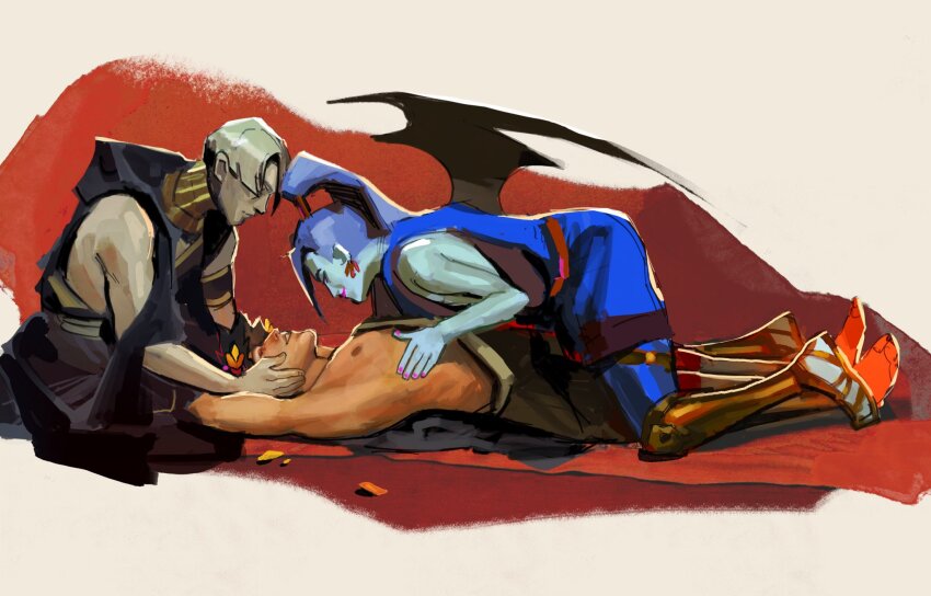 1girl 2boys bat_wings black_sclera blue_hair blue_skin closed_mouth colored_sclera colored_skin commentary english_commentary full_body greco-roman_clothes grey_hair grey_skin hades_(series) hades_1 hands_on_another&#039;s_face highres laurel_crown long_hair lying megaera_(hades) multiple_boys nipples on_back pink_lips pink_nails polyamory polygamy ponytail red_eyes short_hair simple_background smile straight_hair thanatos_(hades) toga white_background wings wolfythewitch zagreus_(hades)