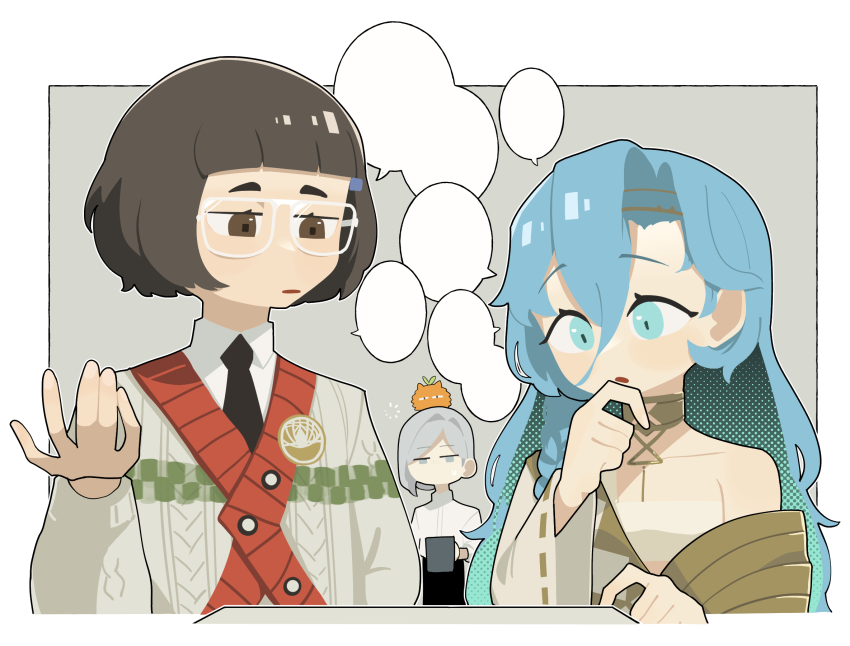 37_(reverse:1999) 3girls :o ancient_greek_clothes bare_shoulders black_eyes black_hair blank_speech_bubble blue_eyes blue_hair blunt_bangs bob_cut border carbuncle_(reverse:1999) cardigan collared_shirt creature_on_head cup daku_k glasses gold_choker greco-roman_clothes grey_background grey_cardigan grey_eyes grey_hair hair_between_eyes hand_on_own_chin hand_up highres holding holding_cup john_titor_(reverse:1999) long_hair looking_at_another looking_down multiple_girls outside_border reverse:1999 shirt short_hair speech_bubble squeans sweat talking toga upper_body vertin_(reverse:1999) very_long_hair white-framed_eyewear white_border white_shirt
