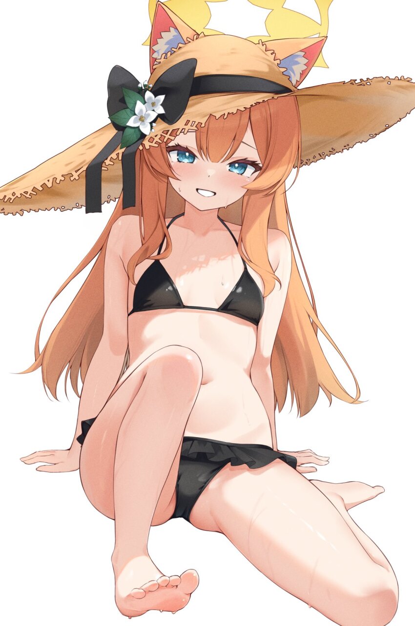 1girl animal_ear_fluff animal_ears barefoot bikini black_bikini blue_archive blue_eyes bow breasts brown_hat ears_through_headwear feet flower fox_ears frilled_bikini frills grin halo hat hat_bow highres loli long_hair looking_at_viewer mari_(blue_archive) navel orange_hair parted_lips simple_background small_breasts smile solo straw_hat sweat swimsuit toes very_long_hair white_background white_flower yellow_halo zarashi