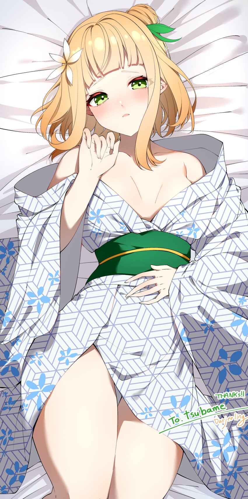 1girl absurdres bare_shoulders bed_sheet blonde_hair blush breasts collarbone commission commissioner_name darjeeling_(reley) flower green_eyes hair_bun hair_flower hair_ornament highres indie_virtual_youtuber japanese_clothes kimono long_hair looking_at_viewer lying medium_breasts obi on_back on_bed open_mouth sash second-party_source shintaku_yume signature skeb_commission solo thank_you virtual_youtuber white_flower yukata