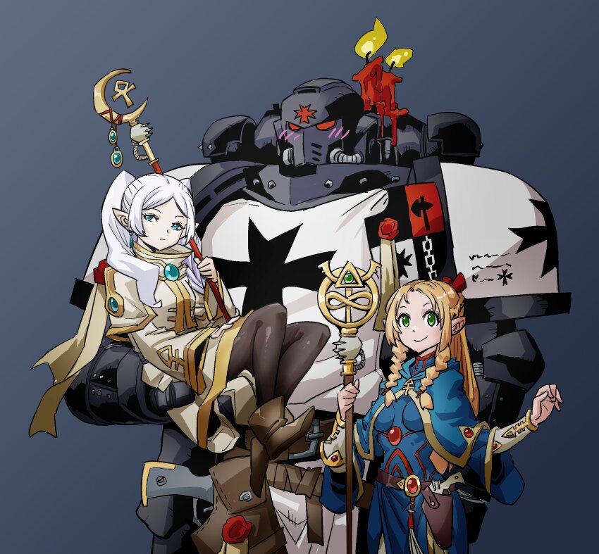2girls absurdres adapted_costume adeptus_astartes armor black_templars blonde_hair blush boots braid candle capelet carrying carrying_person dress dungeon_meshi earrings elf frieren full_armor green_eyes grey_hair gun helmet highres holding jewelry long_hair long_sleeves looking_at_viewer mage_staff marcille_donato multiple_girls pantyhose parted_bangs pauldrons pointy_ears power_armor rmulderz robe shoulder_armor simple_background sousou_no_frieren staff teardrop_earrings twintails warhammer_40k weapon white_capelet white_hair