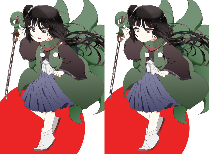 1other adagumo_no_yaorochi androgynous bare_shoulders black_hair black_kimono blue_hakama bottle_opener brown_footwear circle clenched_hand closed_mouth clothing_cutout commentary_request dot_nose earthen_miraculous_sword floating_hair floral_print full_body green_jacket green_scarf grey_eyes hair_ornament hair_scrunchie hakama hakama_skirt highres jacket japanese_clothes jinbaori kijipoko kimono len&#039;en long_hair long_sleeves looking_ahead multiple_tails open_mouth other_focus outstretched_hand pom_pom_(clothes) prehensile_tail red_scarf sandals scarf scrunchie short_kimono shoulder_cutout side_ponytail skirt snake_tail socks sword_of_kusanagi tail tasouken unamused variations very_long_hair white_background white_scrunchie white_socks wide_sleeves