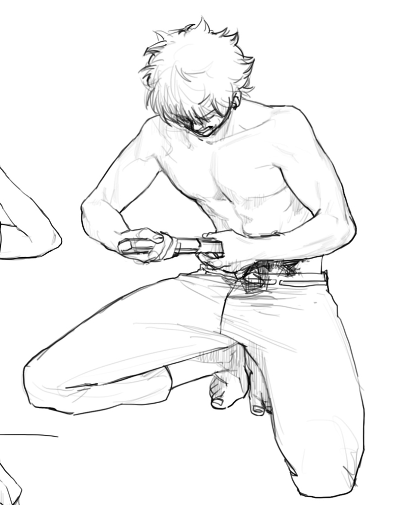 1boy barefoot blood collarbone full_body gintama godzillapigeon1 greyscale highres holding holding_sword holding_weapon injury leaning_forward male_focus monochrome open_mouth pants pectorals sakata_gintoki seppuku short_hair simple_background sketch solo squatting sword teeth topless_male two-handed weapon white_background