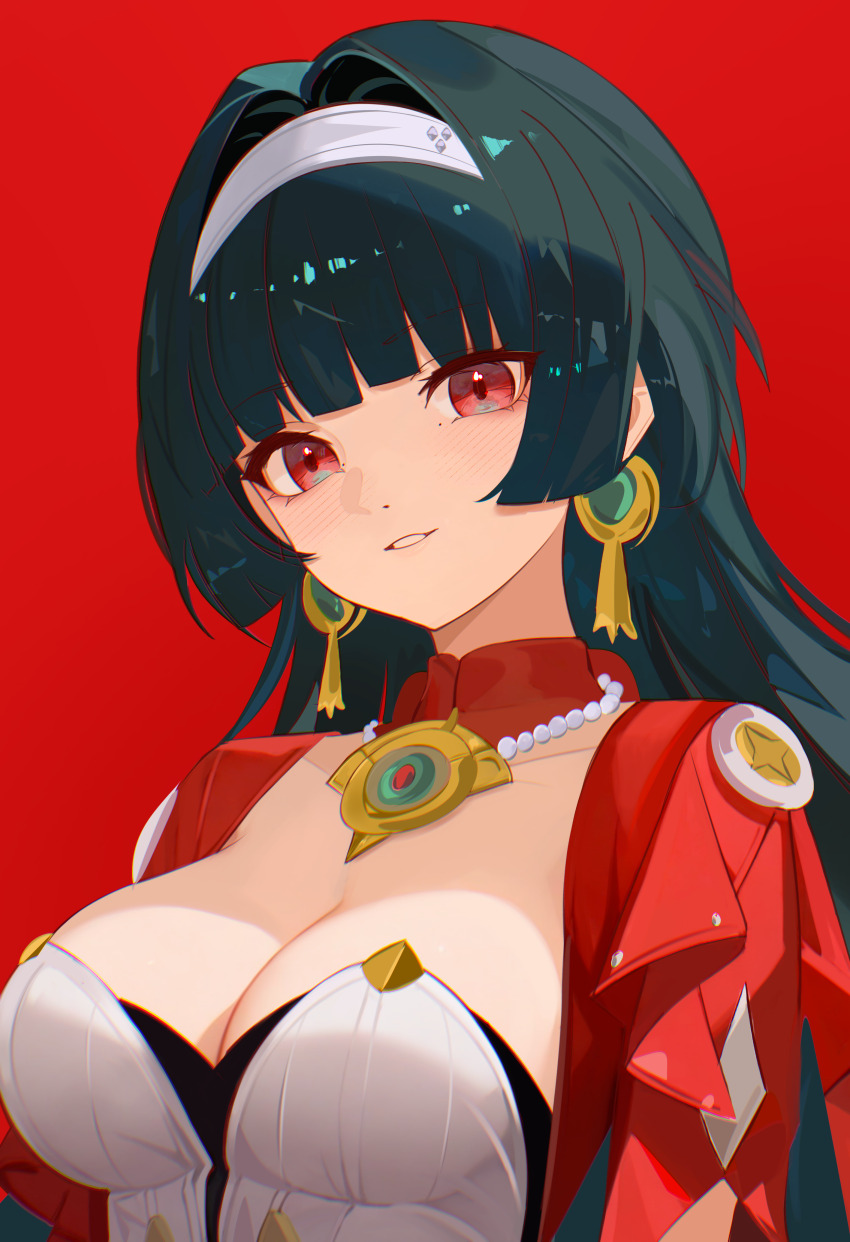1girl absurdres astra_yao black_hair blush breasts cleavage closed_mouth dress dzyyeee headband highres jacket long_hair looking_at_viewer medium_breasts mole mole_under_eye red_background red_eyes red_jacket smile solo white_dress white_headband zenless_zone_zero