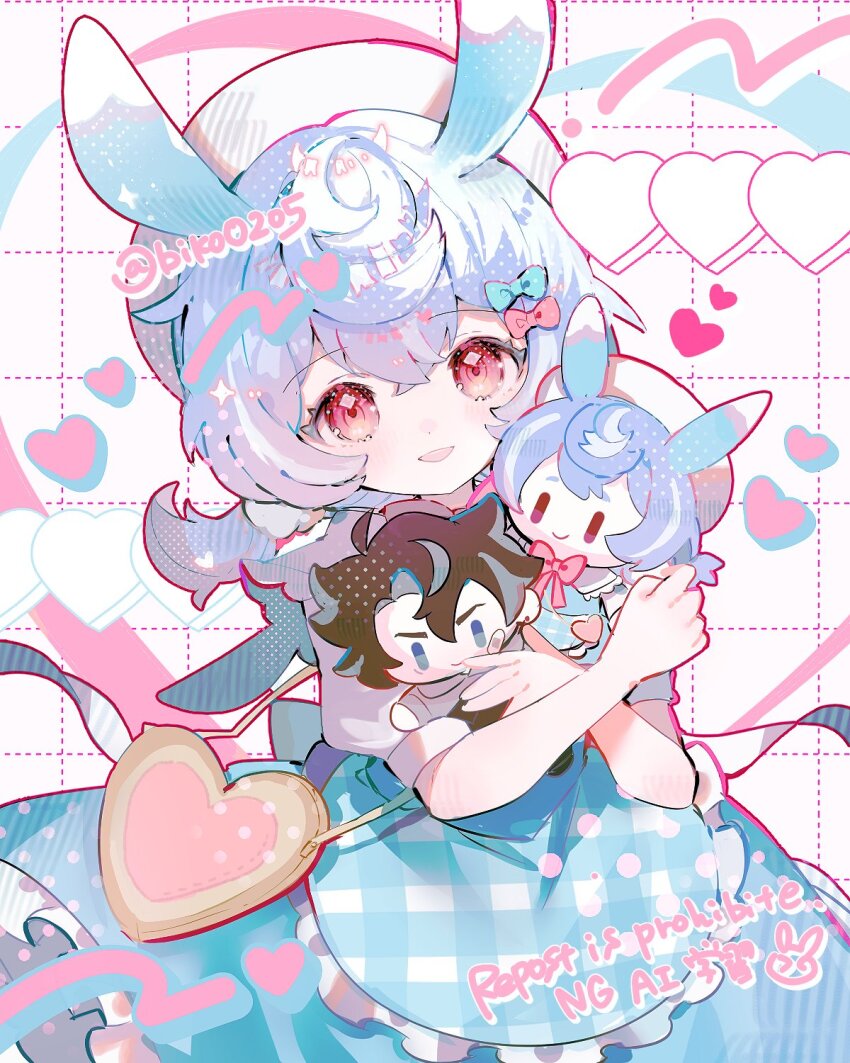 1girl :d animal_ears apron aqua_apron aqua_bow aqua_skirt artist_name bag beret biko0205 blue_hair blush bow character_doll commentary_request crossed_bangs doll frilled_apron frilled_skirt frills genshin_impact gingham gingham_apron gradient_hair grid_background hair_between_eyes hair_bow hair_ornament hat heart heart-shaped_bag highres holding holding_doll looking_at_viewer low_twintails medium_hair multicolored_hair open_mouth pink_bow pom_pom_(clothes) pom_pom_hair_ornament puffy_short_sleeves puffy_sleeves purple_hair red_eyes shirt short_sleeves sidelocks sigewinne_(genshin_impact) skirt smile solo twintails twitter_username waist_apron watermark white_background white_hat white_shirt wriothesley_(genshin_impact)