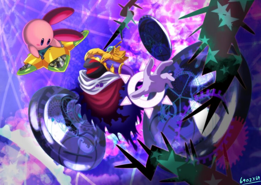 artist_name black_hole blue_eyes commentary_request crown disembodied_hand gears gloves hat highres horns kirby&#039;s_return_to_dream_land kirby_(series) looking_at_another magolor master_crown nintendo no_humans open_hand open_mouth rayman_limbs red_eyes smile spoilers star_(symbol) takenokonoko thorns warp_star