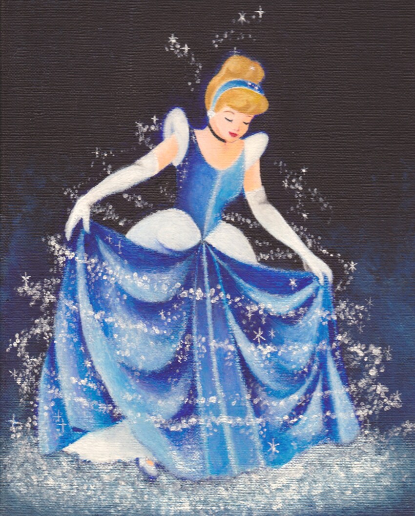 07421002 1girl absurdres blonde_hair blue_dress choker cinderella_(disney_character) cinderella_(disney_movie) closed_eyes disney_princess dress earrings elbow_gloves evening_gown gloves gown hair_bun hairband highres jewelry princess short_hair smile solo toon_(style)