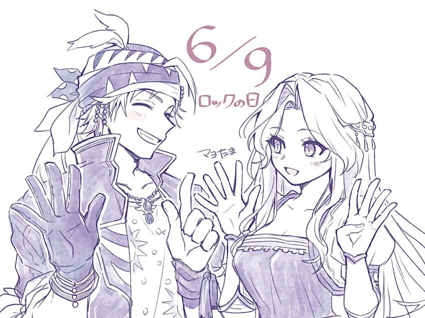 1boy 1girl breasts celes_chere cleavage closed_eyes cropped_jacket dated final_fantasy final_fantasy_vi gloves grin hair_ornament hands_up headscarf jewelry juliet_sleeves light_blush locke_cole long_hair long_sleeves looking_at_another medium_breasts necklace open_mouth pan_ff6 parted_bangs popped_collar print_shirt puffy_sleeves shirt short_hair sidelocks sketch smile teeth wavy_hair white_background
