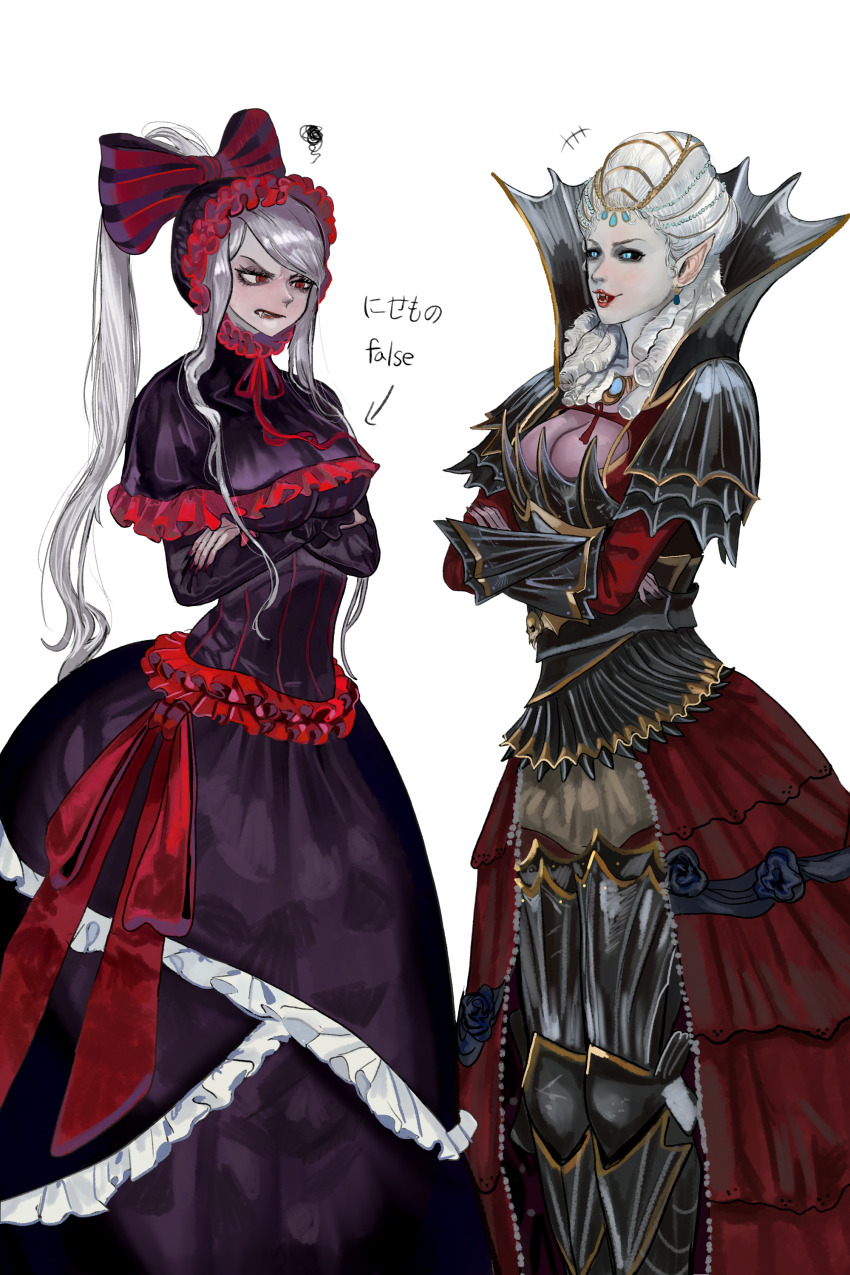 2girls absurdres alternate_height angry animal_ears arms_under_breasts bat_ears blue_eyes breast_envy breasts cleavage colored_skin crossed_arms dress earrings english_text envy fangs fingernails hair_ornament hair_over_shoulder highres isabella_von_carstein jewelry kkghost_tv long_hair looking_at_breasts medium_breasts multiple_girls open_mouth overlord_(maruyama) ponytail purple_dress red_eyes shalltear_bloodfallen sharp_fingernails simple_background single_earring vampire warhammer_fantasy white_background white_hair white_skin