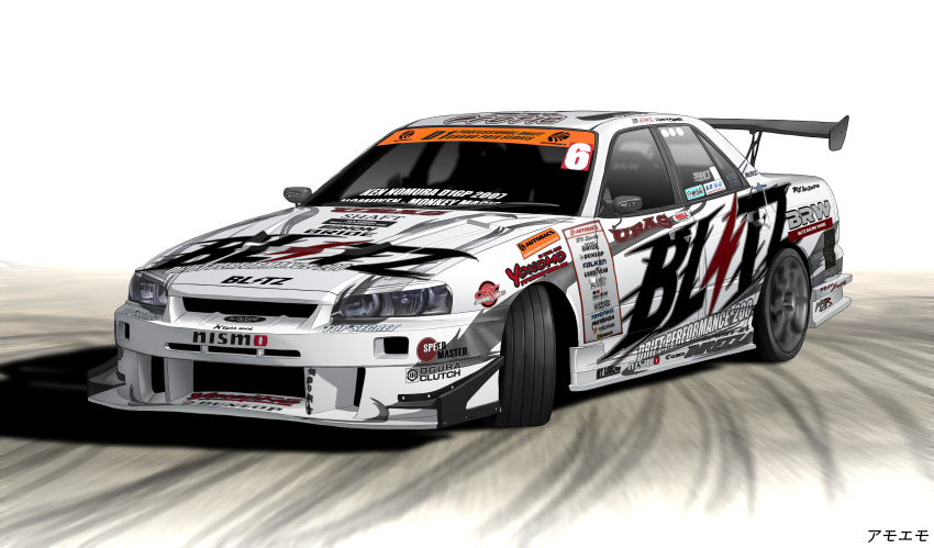 absurdres amoemo car commentary drifting english_commentary highres logo motion_blur motor_vehicle nismo nissan nissan_skyline nissan_skyline_r34 no_humans original race_vehicle racecar shadow signature simple_background skid_mark spoiler_(automobile) sponsor vehicle_focus white_background white_car