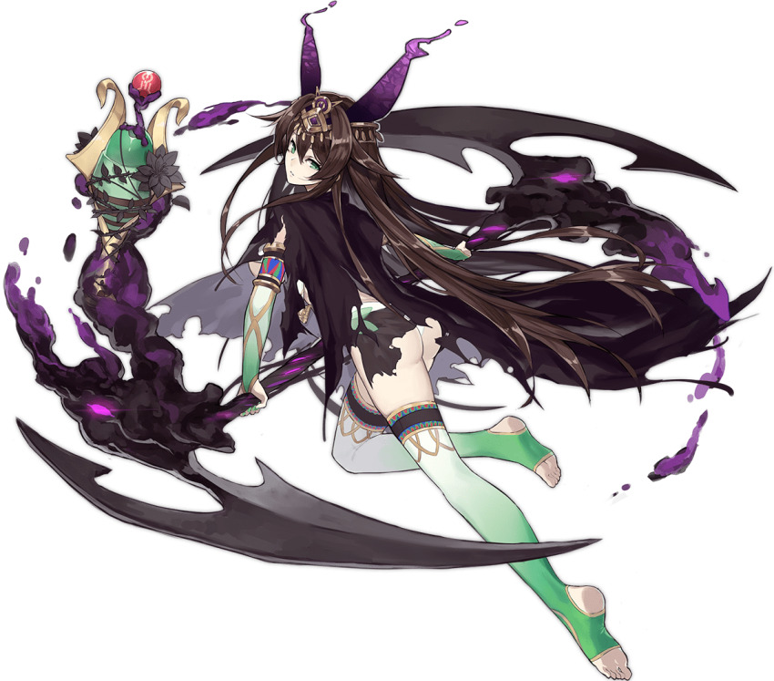 1girl ancient_egyptian ark_order ass black_cloak breast_curtain breasts bridal_gauntlets brown_hair cloak darkness elbow_gloves feet full_body gloves gold_trim gradient_legwear green_eyes green_nails green_thighhighs hair_flaps headpiece holding holding_scythe horns kneepits kzhu large_breasts legs liquid_horns long_hair looking_at_viewer official_art osiris_(ark_order) panties purple_horns scythe sidelocks solo stirrup_legwear tachi-e thighhighs toeless_legwear transparent_background underwear variant_set very_long_hair white_panties white_thighhighs