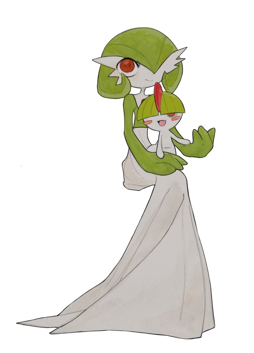 bowl_cut colored_skin dress gardevoir gen_3_pokemon green_skin hair_over_one_eye highres multicolored_skin nintendo pink_eyes pokemon pokemon_(creature) powerpuff_(pixiv_60944739) ralts simple_background smile two-tone_skin white_background white_dress white_skin